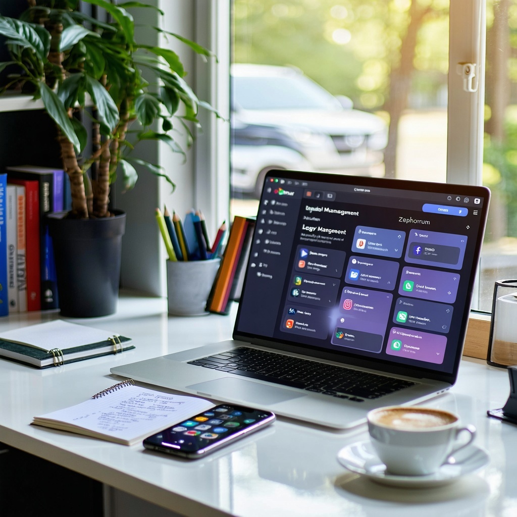 The image depicts a modern digital workspace showcasing a sleek desk with a laptop open to a vibrant interface of the Zephorum service Ambient light filters through a nearby window illuminating a stylish plant and a notepad filled with notes on digit-1